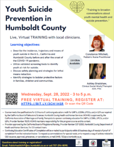 Youth Suicide Prevention in Humboldt County Live Virtual Training with Local Clinicians
